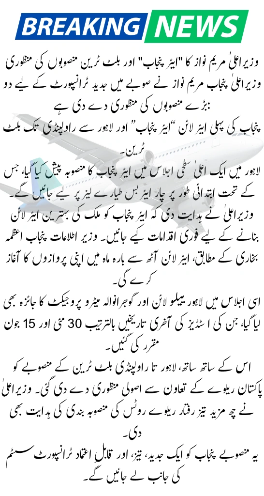 CM Punjab Set to Launch ‘Air Punjab’ and High-Speed Rail Projects
